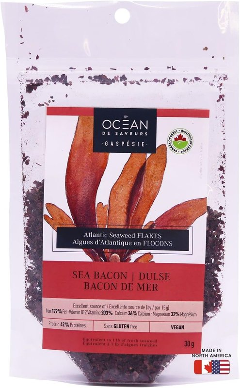 Organic Dulse (Sea Bacon) Seaweed Flakes - 30g - Canadian, Organic and Eco-Friendly Certified - Easy to use Sea Vegetable - Hand harvested - Un Ocean de Saveurs