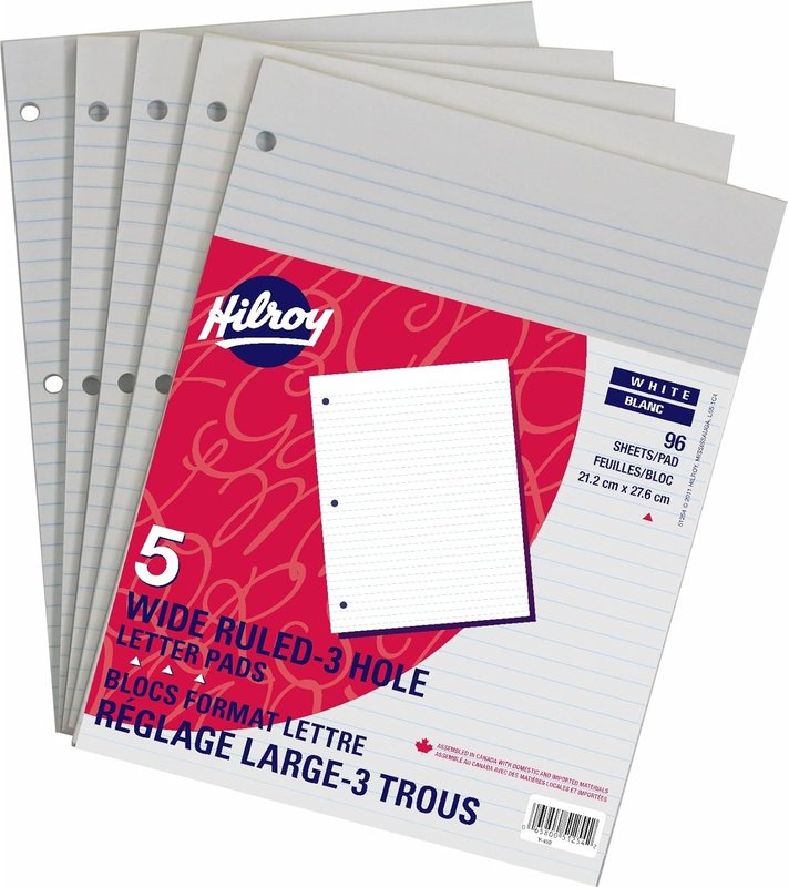 Hilroy 51254 Notepads, Wide Ruled, 3-Hole Punched, 8-3/8x10-7/8-Inch, 96-Sheets, 5/Pack