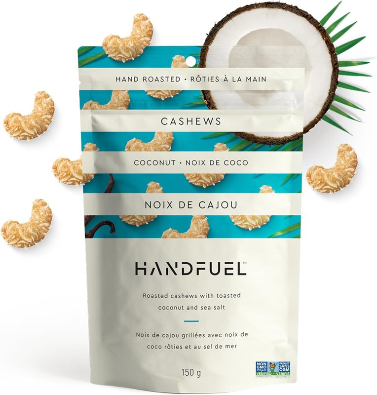 Handfuel Coconut Cashews, Hand Roasted Salted Cashews, 4g of Protein, Proudly Canadian Made Plant Based Flavoured Nuts, Gluten Free - 150 Grams 150 g (Pack of 1)