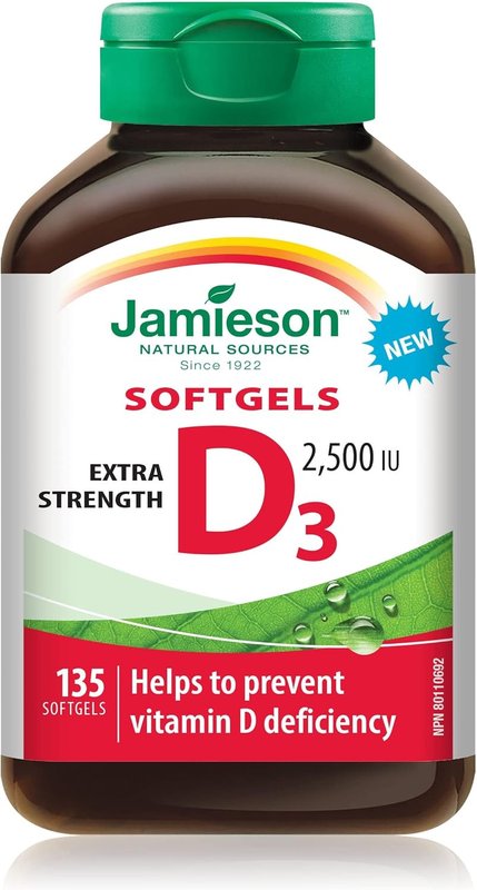 Jamieson Vitamin D3 2,500 IU Softgels, Easy to Swallow, Supports Immune Health, Strong Bones and Teeth, Enhances Calcium and Phosphorus Absorption. Non-GMO, Gluten-Free, One Per Day, 135 Count, Proudly Canadian