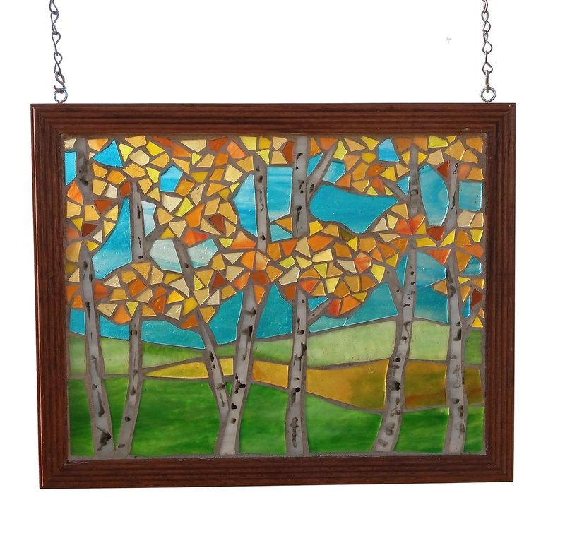 Fall Birch Trees by River Landscape Stained Glass Mosaic Panel