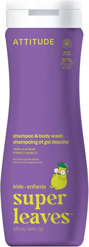 ATTITUDE Shampoo and Body Wash for Kids, Made in Canada, EWG Verified Hair and Body Cleanser, Dermatologically Tested Soap, Plant and Mineral Based Bath Products, Vegan, Vanilla & Pear, 473 mL Vanilla & Pear 473 ml (Pack of 1)