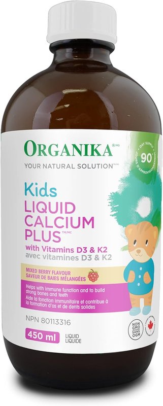 Organika Kids Liquid Calcium Plus- with Vitamins D3 and K2- Healthy Bone and Teeth Development- Mixed Berry Flavour- 450ml