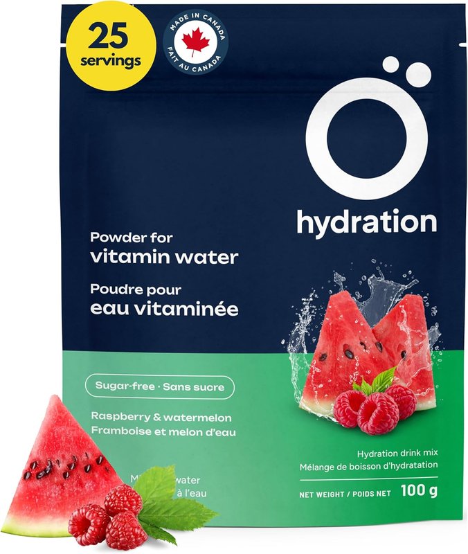 Ö Hydration, Vitamin-Rich Water Enhancer Powder Mix - Raspberry & Watermelon Flavor - 25 servings - Sugar-Free, All-Natural, Source of Vitamin C, E, B6, B12. Canadian-Made.