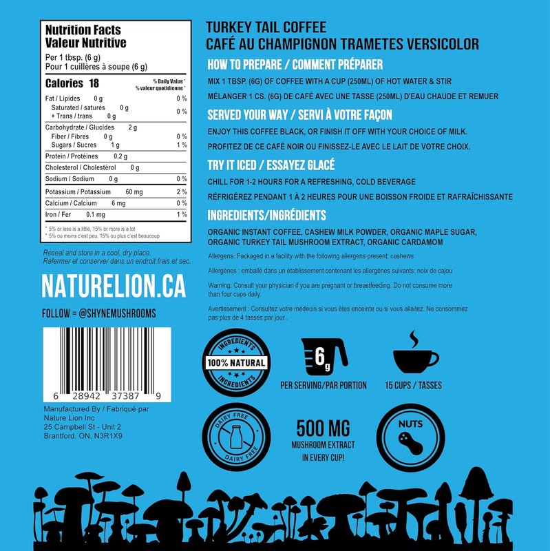 Organic Turkey Tail Mushroom Coffee | 15 Servings Healthy Instant Latte