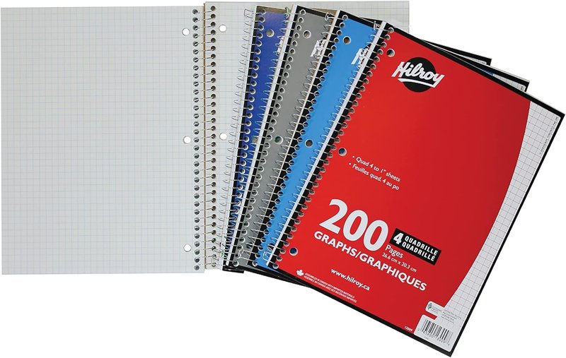 Hilroy 1-Subject Coil Notebook, 8" x 10.5", Quad Ruled, 200 Pages/100 Sheets, 1 Notebook, Colour May Vary (13009) Assorted Colours 1-Count