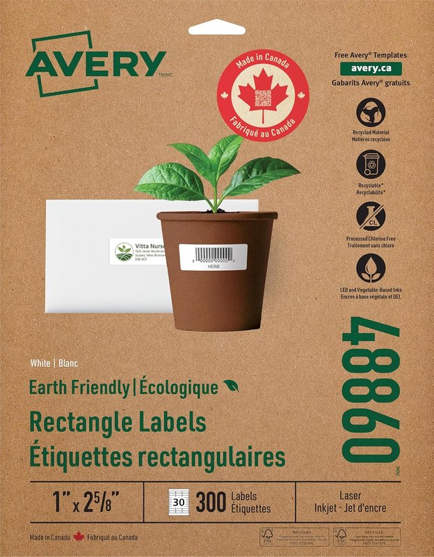 Avery White EcoFriendly Return Address Labels, 1" x 2⅝", White, Rectangle, 300 Labels, Permanent (48860) Made in Canada