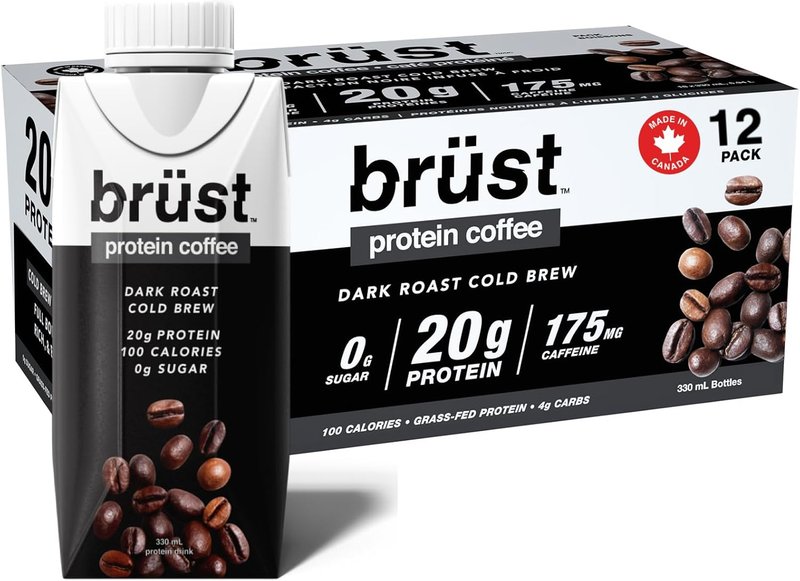 BRÜST PROTEIN COFFEE DARK ROAST - UNSWEETENED - 12 Pack (20g Protein, 175mg Caffeine, 100 Calories) Full Bodied, Rich, and Black, 330mL, Brust Cold Brew Iced Coffee - AS SEEN ON DRAGON'S DEN Dark Roast: full bodied and unsweetened
