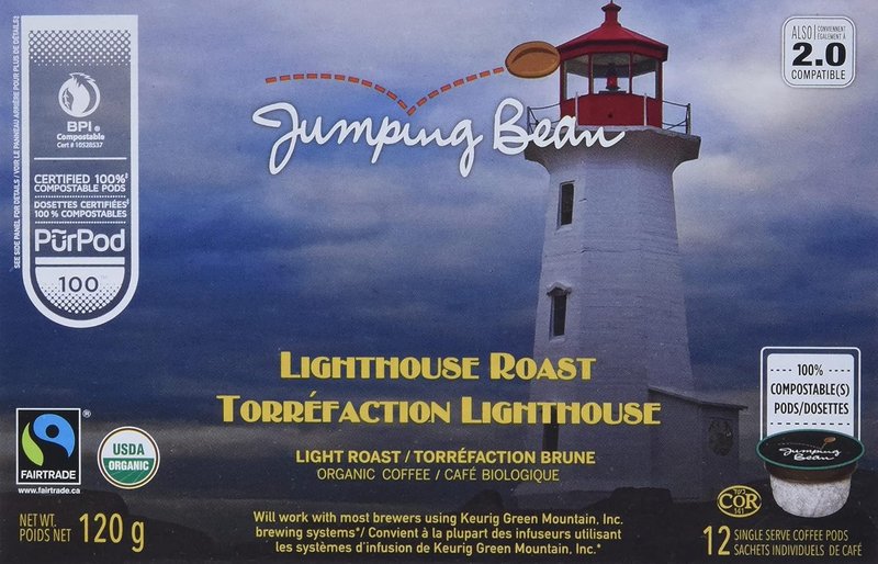 Jumping Bean Light Roast Fairtrade Organic 100% Compostable K-Cup Coffee Pods, Individually Wrapped, ECO2Roast, Premium Coffee, Made in Canada, Non-GMO, Lighthouse Roast, 12 Count Pods 12 count (Pack of 1)