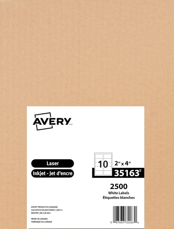 Avery 10up White Rectangle Labels 2" x 4", 250 Sheets, 2500 Labels, Matte White Paper, Permanent Adhesive, for Laser/Inkjet Printers, 35163, Made in Canada