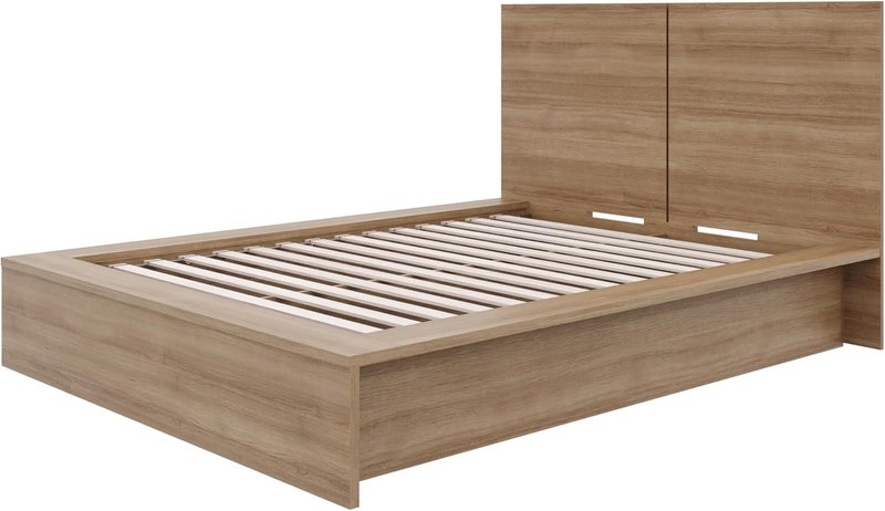 Nexera James Platform Bed with Headboad, Brown, Double Full Brown Oak