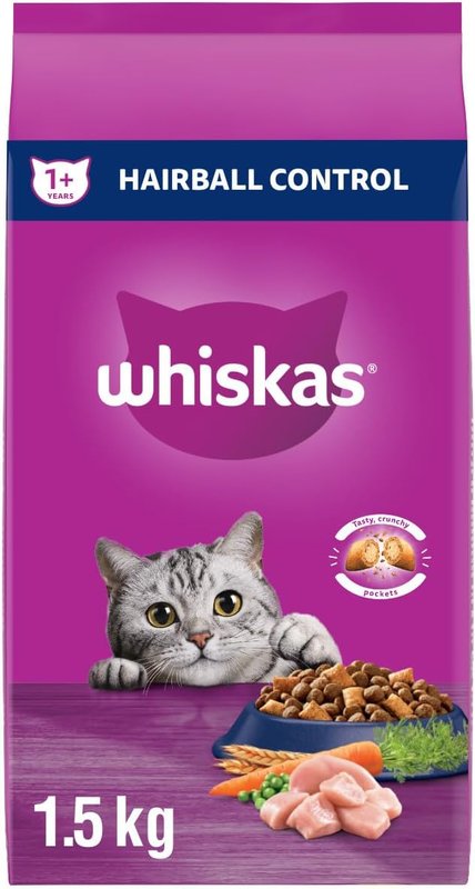 WHISKAS Adult Dry Cat Food - Hairball Control With Real Chicken, 1.5kg bag