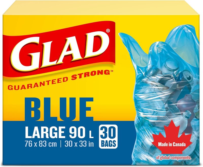 Glad Blue Recycling Bags - Large 90 Litres - 30 Trash Bags, Made in Canada of Global Components Large [30 Bags]. 30 Bags Recycling Bags