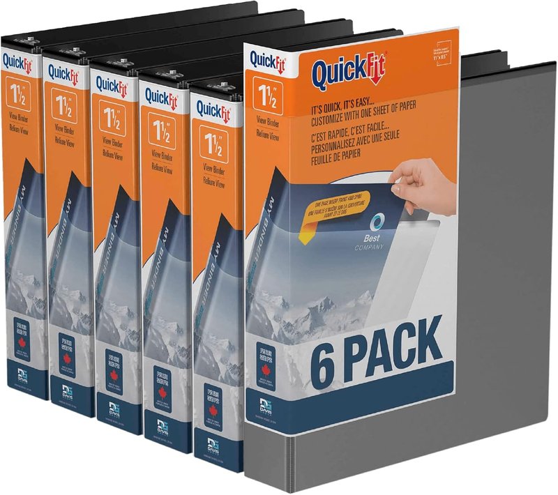 QuickFit View Binder, 3-Ring Binder for School or Office, Round Ring, Black, 6 Pack, 1.5 Inch 6 Pack Black 1.5 Inch