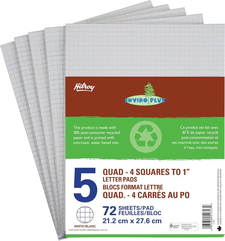 Hilroy 51747 Enviro-Plus Quad-Ruled Project Pads, 8-3/8x10-7/8-Inch, 72-Sheets, White, 5-Pack