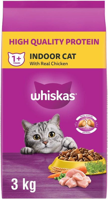 WHISKAS Adult Dry Cat Food - Indoor With Real Chicken, 3kg Bag