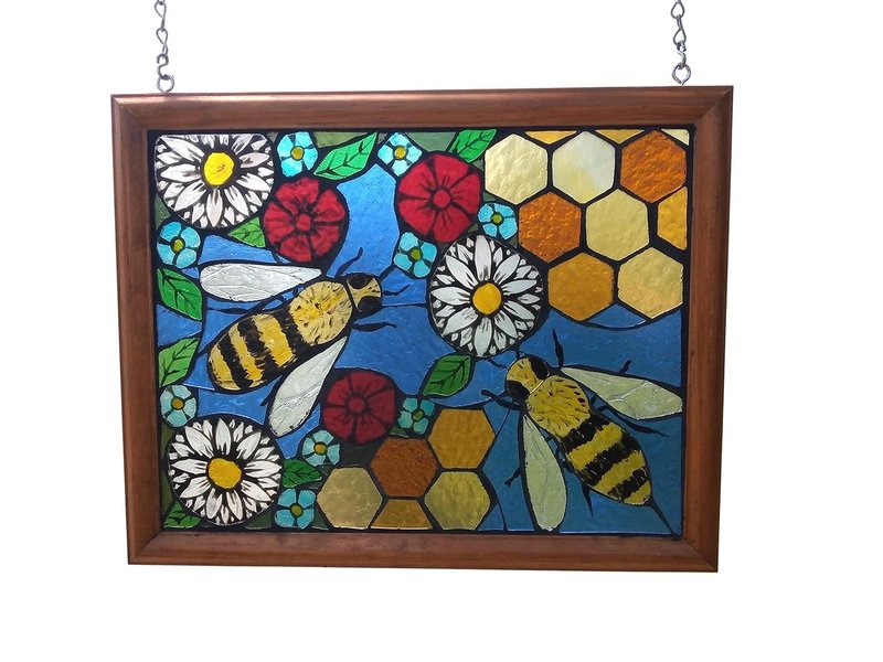Bee Stained Glass Mosaic Suncatcher Panel