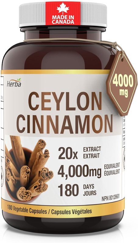 Herba Ceylon Cinnamon Capsules 4000mg - 180 Vegetable Capsules | Powerful 20:1 Extract from Sri Lanka | Equivalent to 4,000mg Dry Ceylon Cinnamon Powder | Made in Canada