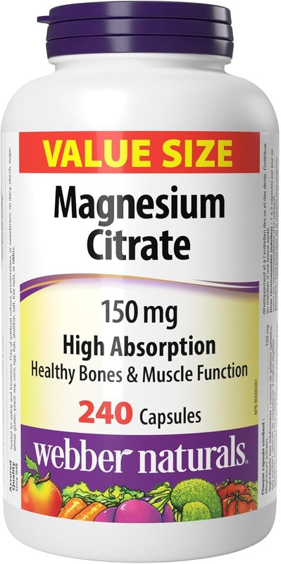 Webber Naturals Magnesium Citrate 150 mg, 240 Capsules, High Absorption Mineral, Supports Bone and Muscle Functions 240 count (Pack of 1)