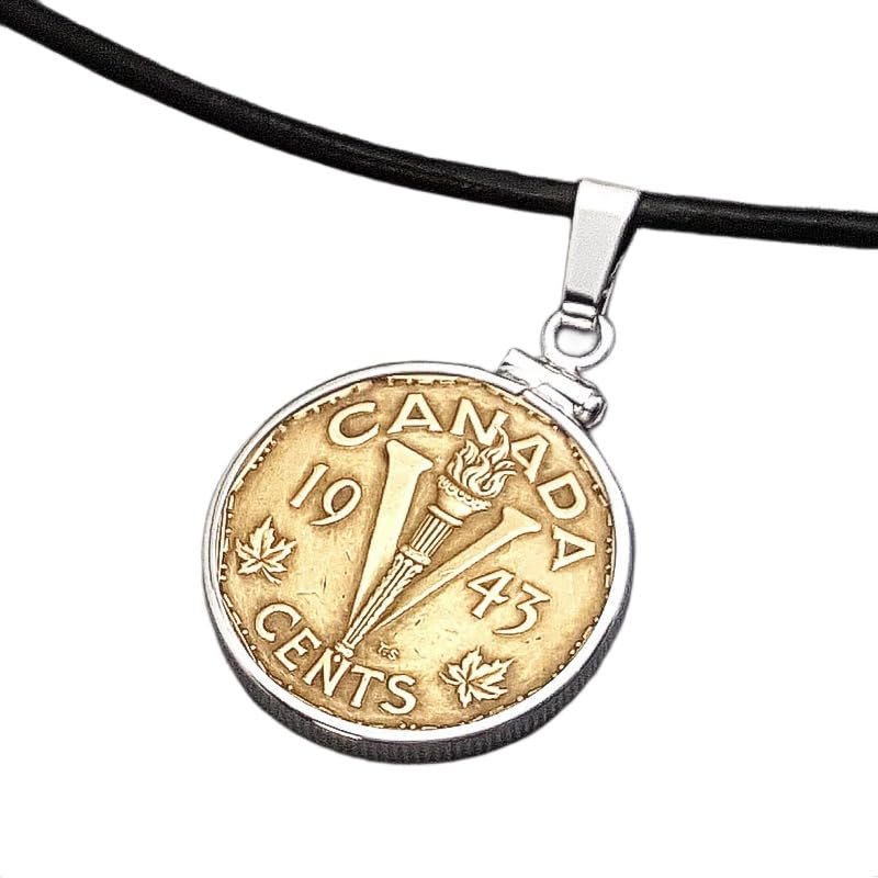 Handmade Antique Canada Five Cent Coin. 1943 Victory nickel coin pendant. Canadian. Maple Leafs. Sterling coin bezel
