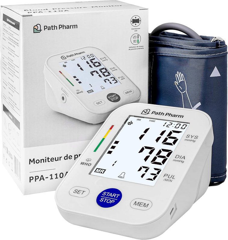 PATH PHARM Blood Pressure Monitor for Home Use with Adjustable Arm Cuff, Backlit LCD Display, and User Memory, Precision Accurate Machine for Home, Portable Travel Size, Canadian Brand