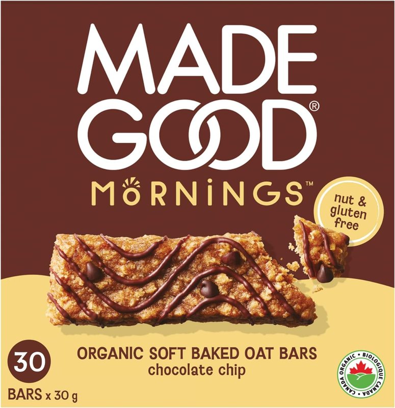 MadeGood Mornings Soft Baked Breakfast Bars, Chocolate Chip, 30g (30 Count) Gluten Free Snacks