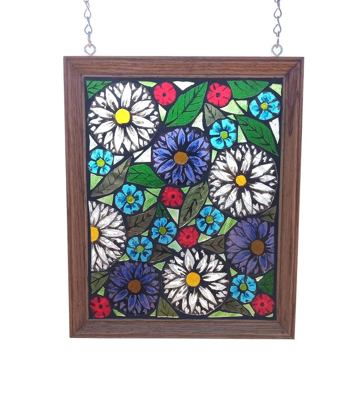Colourful Daisy Flower Garden Stained Glass Mosaic Panel