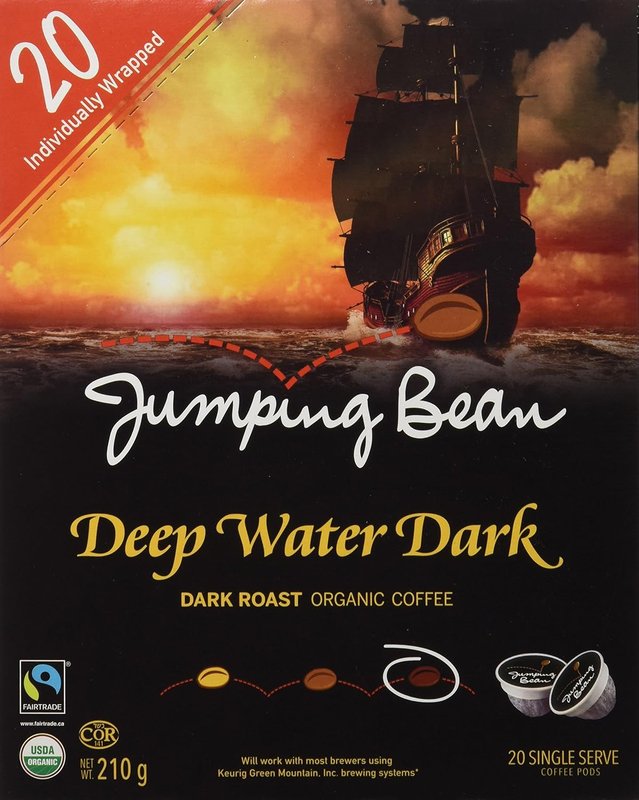 Jumping Bean Dark Roast Fairtrade Organic 100% Compostable K-Cup Coffee Pods, Individually Wrapped, ECO2Roast, Premium Coffee, Made in Canada, Non-GMO, Deep Water Dark, 20 Count Pods