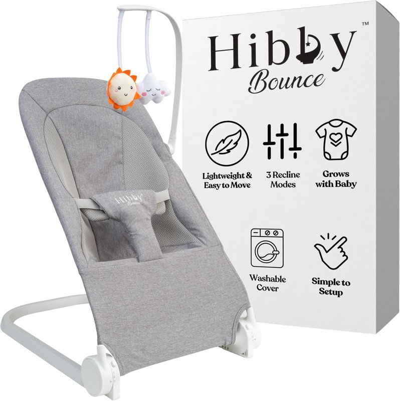 Hibby Bounce Baby Bouncer | Canadian Brand | 3-Position Adjustable Recline, Portable with Waterproof Carrying Bag, Newborn Insert & Safety Strap, Includes Toy Bar | Gray