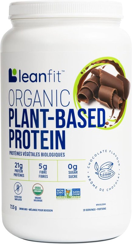 LEANFIT ORGANIC PLANT-BASED PROTEIN, Natural Chocolate - Vegan, Soy Free, Gluten Free, Dairy Free, Sugar Free - 21g Protein, 19 Servings, 715g Tub Chocolate 715g