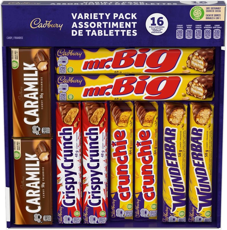 Cadbury 16 Full size Chocolatey Candy Bars, Variety Pack, Wunderbar, Caramilk, Mr. Big, Crunchie, Crispy Crunch, Gift Pack, 816 g Chocolate Candy