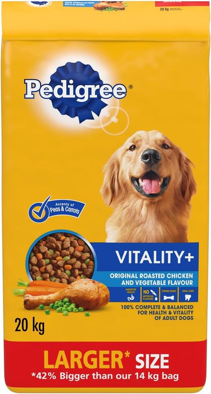 PEDIGREE VITALITY+ Dry Food For Adult Dogs – Roasted Chicken & Vegetable Flavour - Supports Strong Bones and Healthy Teeth – With Calcium, 20kg Bag Chicken and Vegetable
