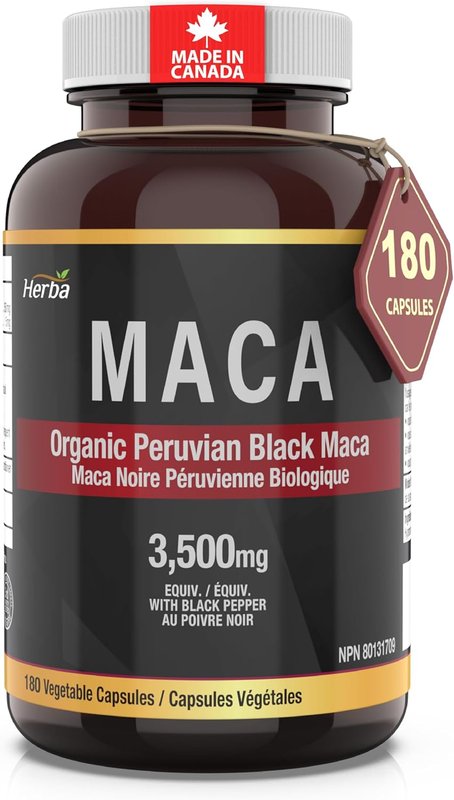 Herba Organic Black Maca Root for Men 3500mg – 180 Capsules | Sourced from Peru | 10:1 Extract with Black Pepper | Premium Black Maca Root Capsules for Men & Women | Made in Canada Organic 3500mg
