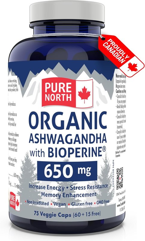 PURE NORTH NATURALS Ashwagandha with BioPerine - Organic Ashwagandha Supplement for Men and Women - 120 Capsules - 3rd Party Tested and Proudly Canadian