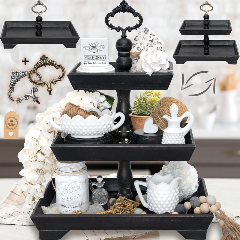 Canadian Small Business - [3 in 1] Wood 3 Tier Tray Stand (Includes 3 Handles) - 3 Tiered Tray Stand Decor - Large Rectangle Decorative Wooden Cupcake Serving Tower by Felt Creative Home Goods (Black) 3-tier Rectangle (Black)