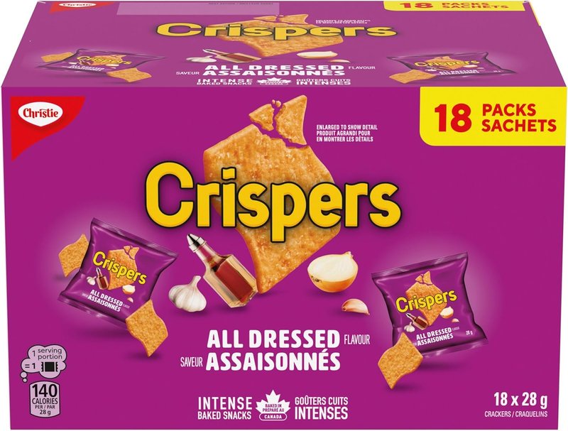 CRISPERS, All Dressed Flavour, 18 Individually Wrapped Snack Packs, Bulk Lunch School Snacks, Value Pack, Is It a Chip or a Cracker, 504 g (28 g bags each)