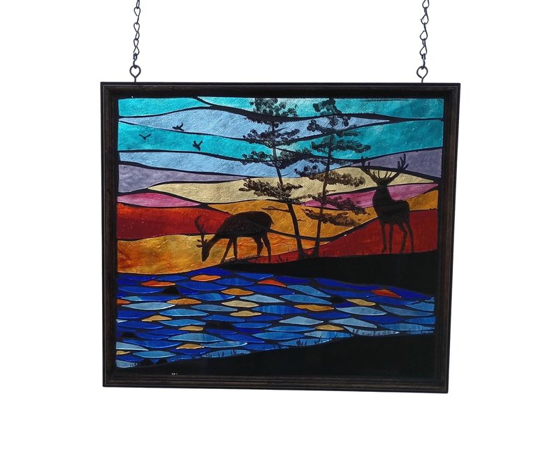 Deer with Sunrise Stained Glass Mosaic Panel
