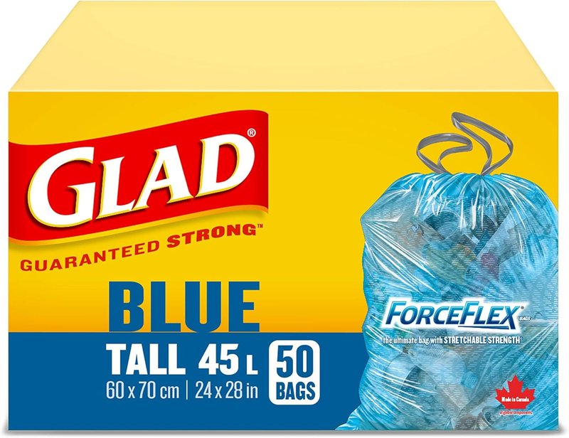 Glad Blue Recycling Bags - Tall 45 Litres - ForceFlex, Drawstring, 50 Trash Bags, Made in Canada of Global Components Tall. 50 Bags Recycling Bags