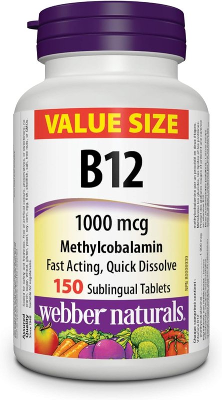 Webber Naturals Vitamin B12 1000 mcg, Quick Dissolve, 150 Tablets, Supports Energy Production and Metabolism Unflavored 150 count (Pack of 1)
