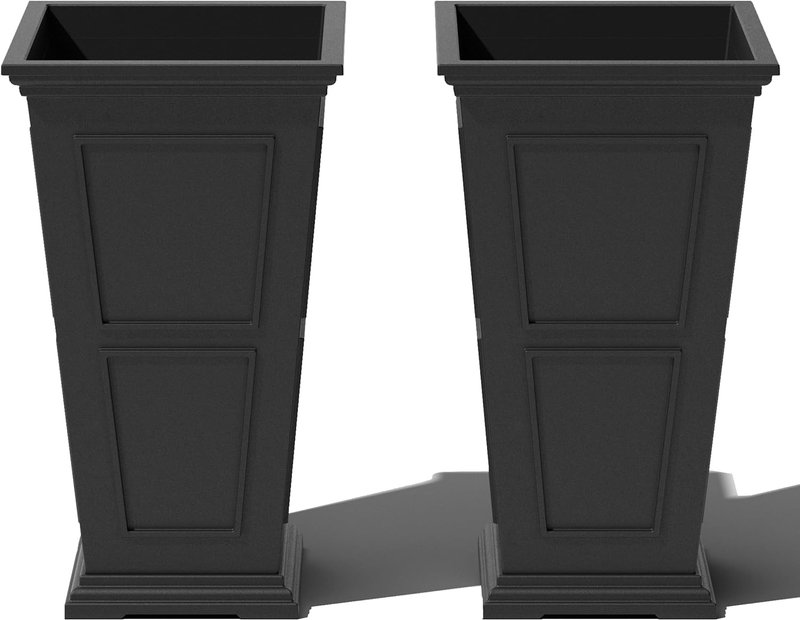 Veradek Fairmont Tall Plastic Planter - Large Outdoor Planter for Front Porch | Crack Resistant All-Weather Use | Classic Estate Design for Tall Plants, Flowers, Trees Black 26"H x 14.75"W x 14.75"L - 2 Pack