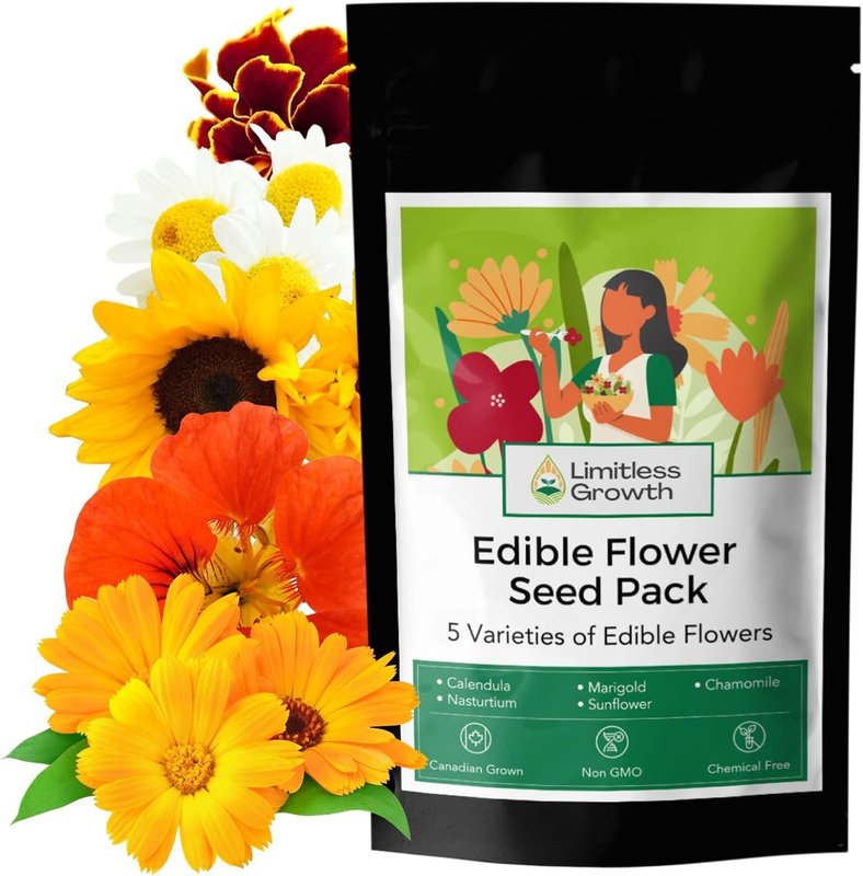 Edible Flower Seeds | 5 Variety Pack | Easy Flower Seeds for Planting Canada – Sunflower, Calendula, Nasturtium, Marigold & Chamomile – Add Flavour to Your Meals, Supports Pollinators Edible Flowers (5 Pack)
