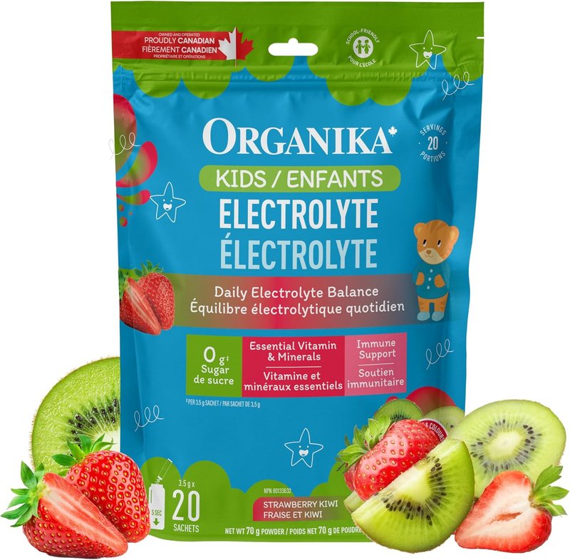 Organika Kids Electrolytes Powder - Strawberry Kiwi Flavour - On The Go Sugar-Free Hydration + 100% of daily Vitamin C, Prebiotics and Antioxidants | Dairy, Gluten and BPA-Free - 3.5g x 20 sachets Strawberry Kiwi 3.5g x 20