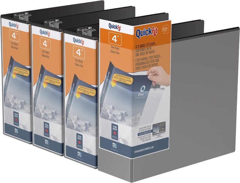 QuickFit View Binder, 3-Ring Binder for School or Office, D Ring, Black, 4 Pack, 4 Inch 4 Inch 4 Pack Black
