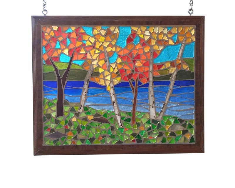 Autumn Trees Landscape Stained Glass Mosaic Panel
