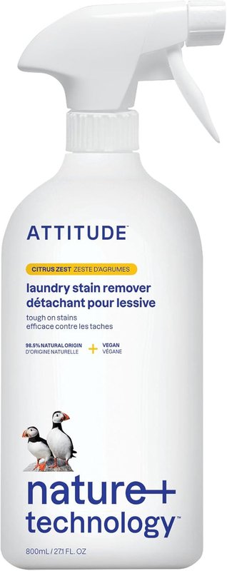 ATTITUDE Stain Remover Spray for Laundry, Removes Odors & Stains, Plant-Based & Vegan, Made in Canada, Citrus Zest Scent, 800 mL