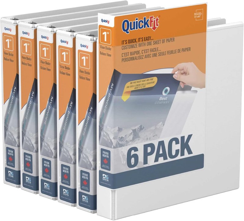 QuickFit View Binder, 3-Ring Binder for School or Office, Round Ring, White, 6 Pack, 1 Inch