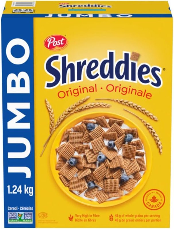 Post Shreddies Original Breakfast Cereal, Made with Whole Grains, Very High in Fibre, Non-GMO Project Verified, Jumbo Size 1.24 kg 1.24 kg (Pack of 1)