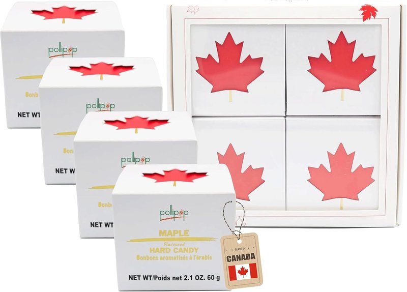 Pollipop Maple Syrup Hard Candies Small Gift Boxes (4) | Made in Canada | Made with Pure Canadian Grade A Amber Maple Syrup | Individually Wrapped Candy | No Additives | Kids Snacks | Canadian Snacks Maple Small Gift Boxes (240g)