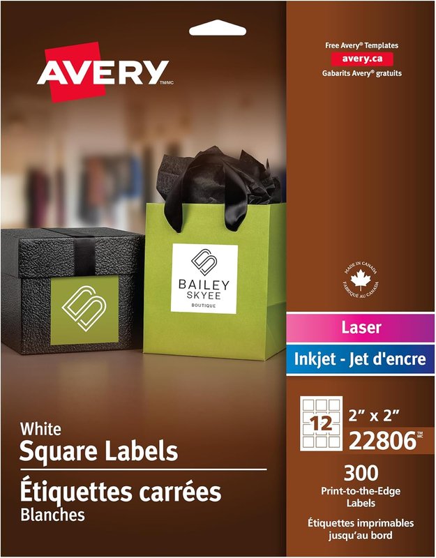 Avery Square Labels for QR Codes, Laser and Inkjet Printers, 2" x 2", 300 Labels, Permanent, Square, Matte White, (22806) Made in Canada 2" x 2" 300 Labels White