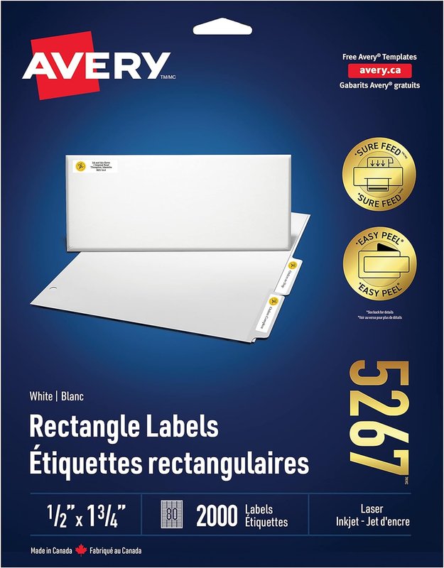 Avery Address Labels with Easy Peel for Laser/Inkjet Printers, 1-3/4" x 1/2", White, Rectangle, 2000 Labels, Permanent (5267) Made in Canada 1-3/4" x 1/2" Labels